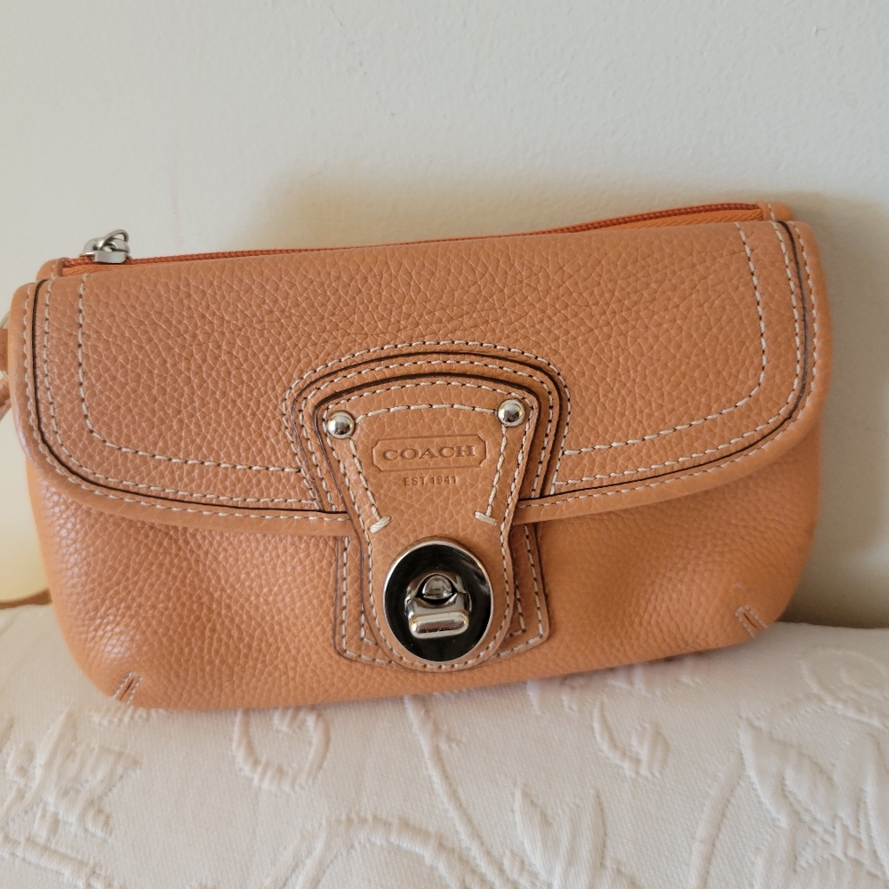 Coach Legacy Light Orange Pebbled Leather Wristlet Clutch with Turn-Lock. - Picture 6 of 9